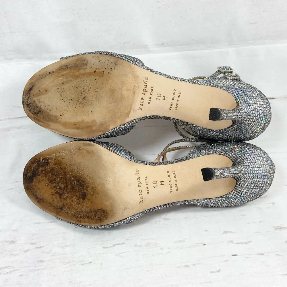 Kate Spade New York Shoes Women’s 10M Silver Pumps T-Strap Glitter Ankle‎ Strap